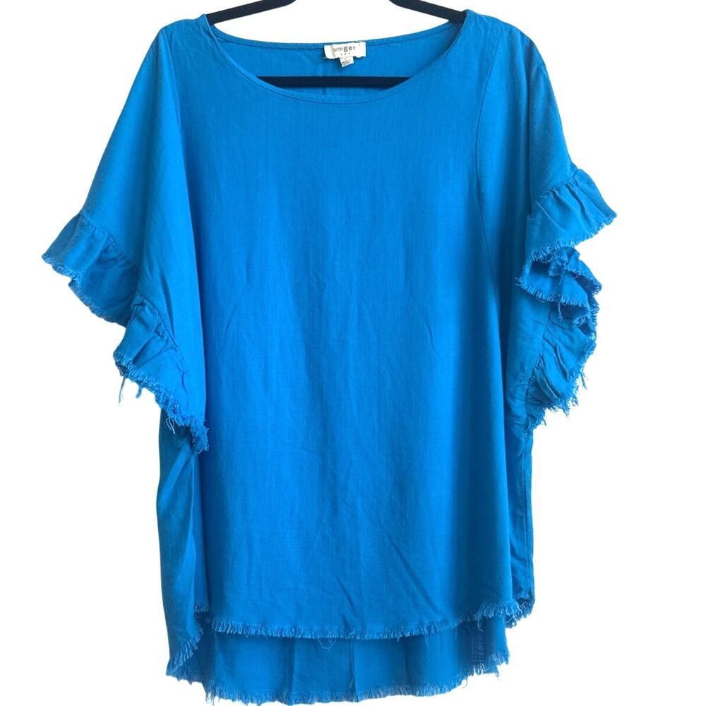 Umgee Bright Blue  55% Linen Blend Raw Fray Hem Top